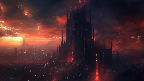 Fiery dark citadel rises calmly under a sweeping crimson sky