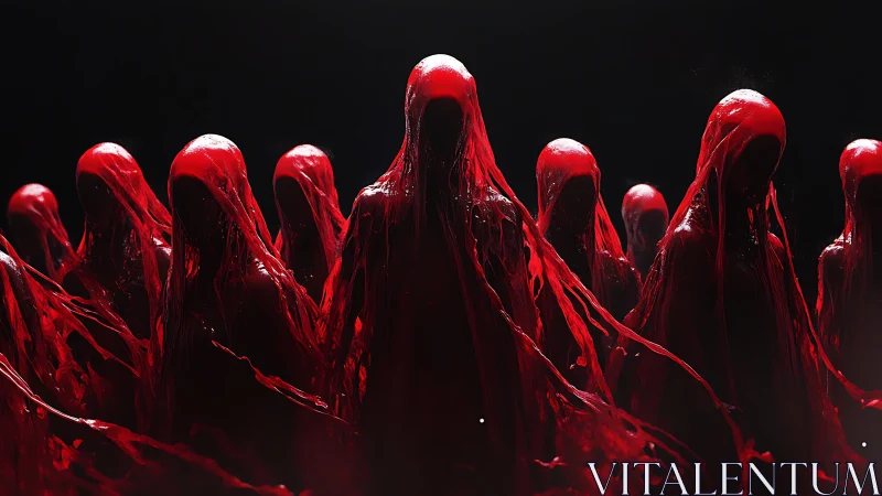 Hooded red specters emerging from darkness in surreal tableau.