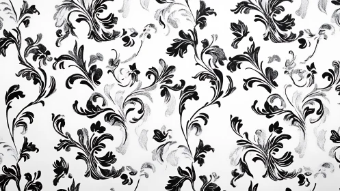 Monochrome damask scrollwork pattern on white ground.