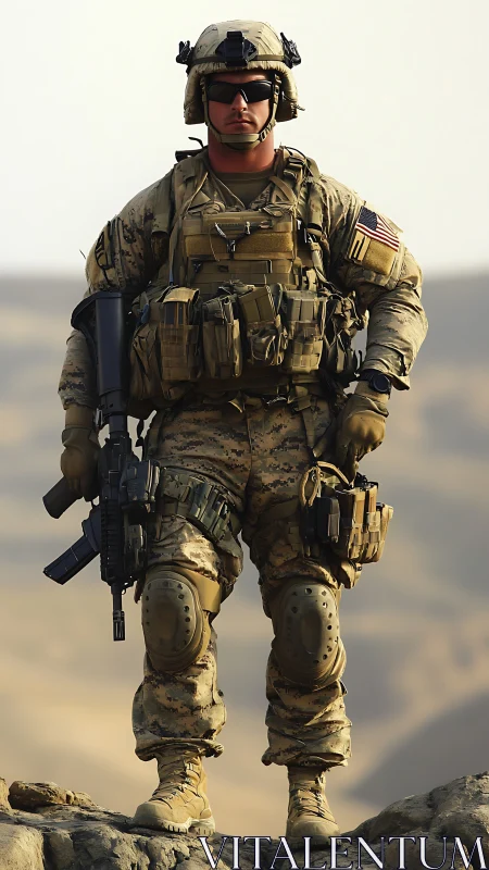 Armored soldier stands watch over harsh desert mountains