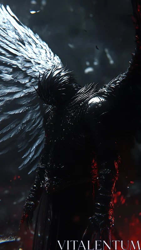 Shadow-winged seraph leans into embers between light and void