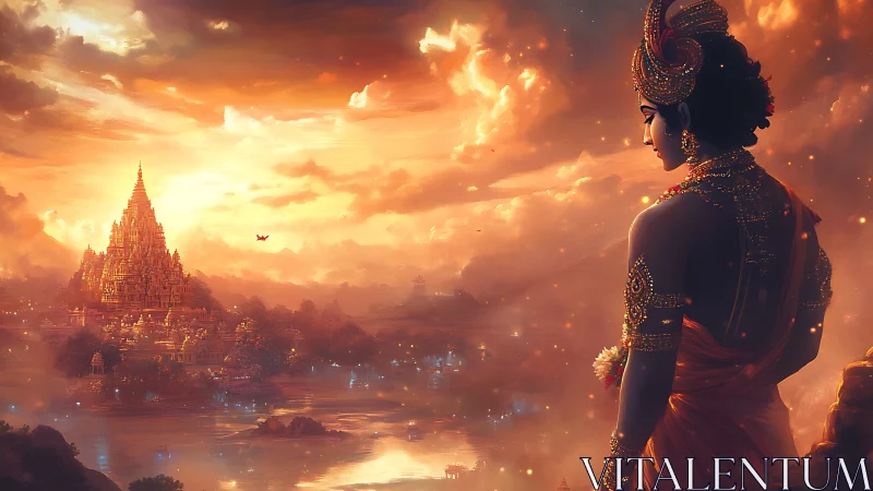 Golden dusk embraces a jeweled guardian above a sacred city