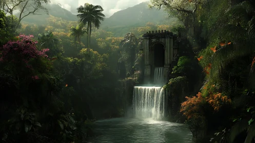 Ancient stone waterfall gate crowns lush hidden jungle gorge.