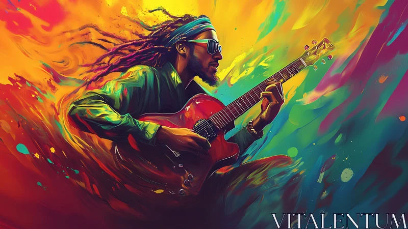 Guitarist with dreadlocks in saturated abstract color field.