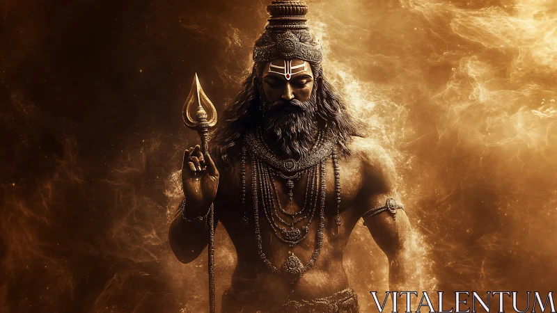 Divine warrior deity stands in swirling golden cosmic light.
