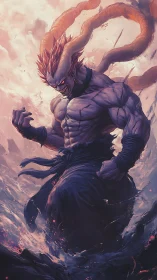 Demonic warrior emerging through turbulent energy vortex