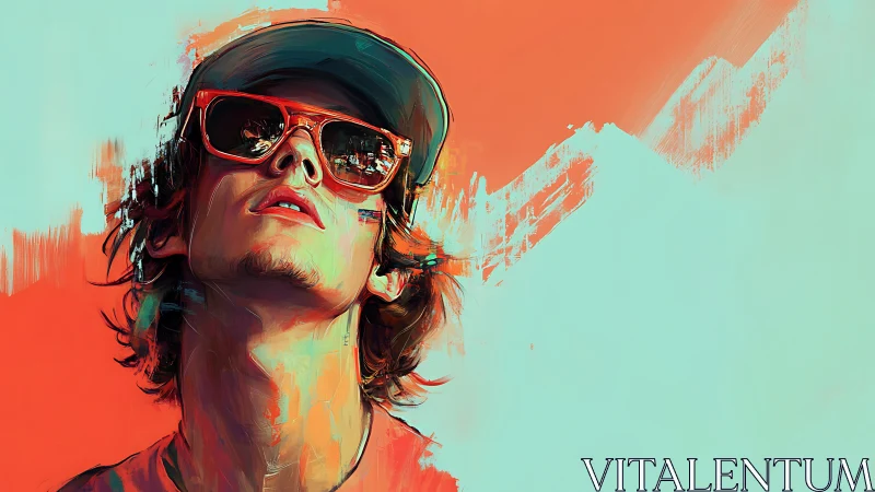 Youthful man in orange sunglasses against teal brushwork.