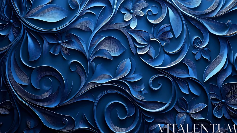 Ornate blue floral relief renders sculpted swirling foliage
