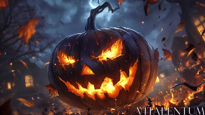 Fiery jack o’lantern in stormy cinematic Halloween scene.