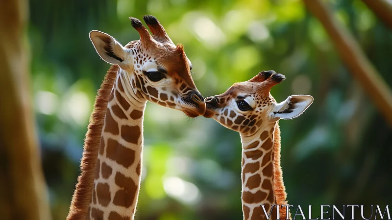 Juvenile giraffes share tender nuzzle in dappled forest light.