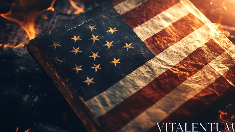 Aged American Flag Fabric Burning with Dramatic Backlighting and Fire