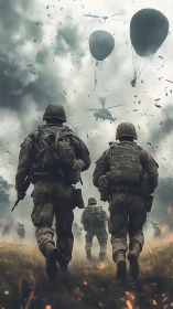 Soldiers advance under ominous sky and looming airships.