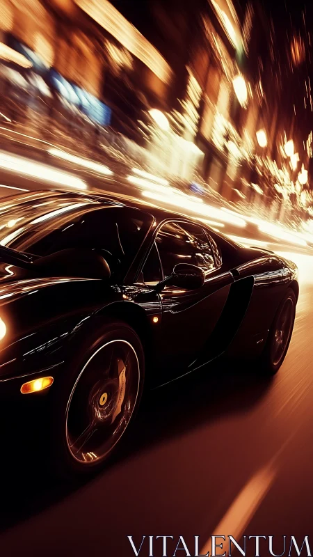 High-gloss black supercar under extreme motion blur at night