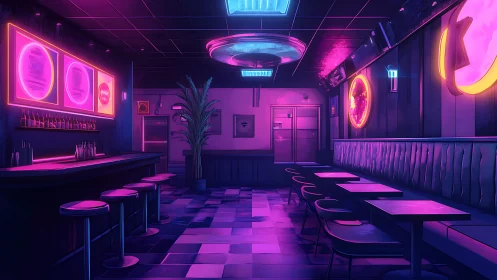 Neon-lit cyber bar interior glows in vibrant magenta light.