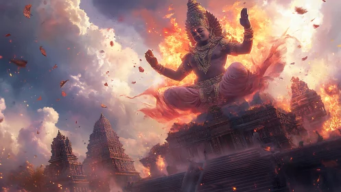 Skyborne fire deity above temples in storm of embers.