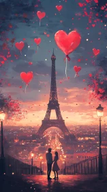 Parisian Romance: Heart Balloons Float Above Eiffel Tower at Sunset.