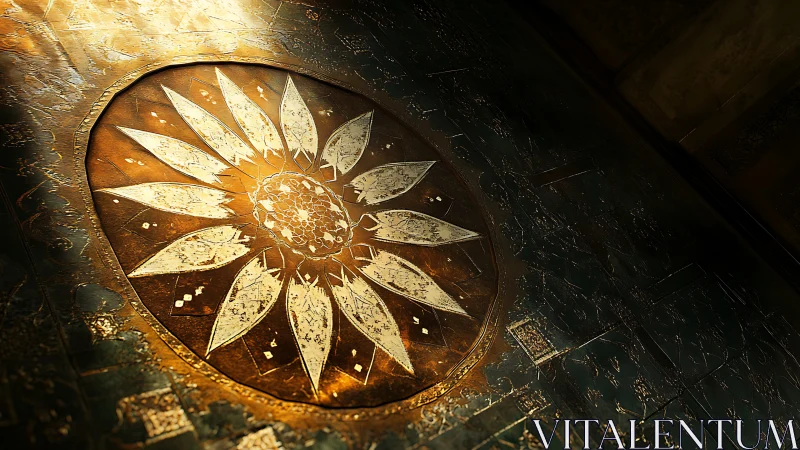Sunlit gilded mandala floor with weathered lotus petals.
