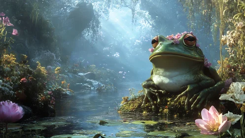 Pond monarch frog crowned in pastel blossoms of dawn.