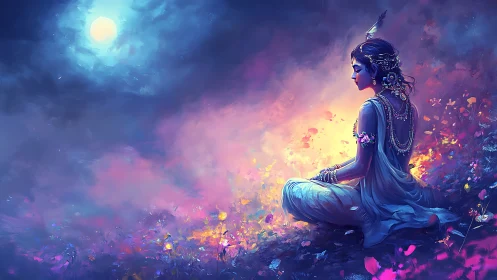 Female figure seated in luminous night landscape scene.