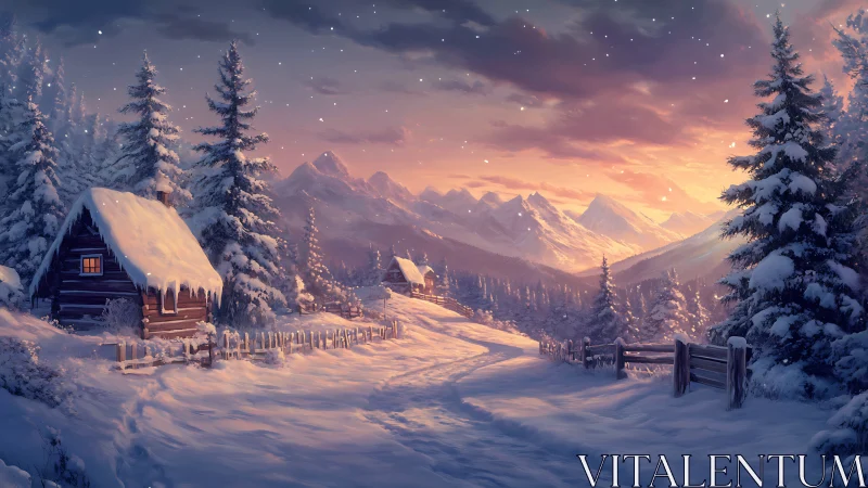 Snowlit mountain cabins dream beneath ember winter skies.