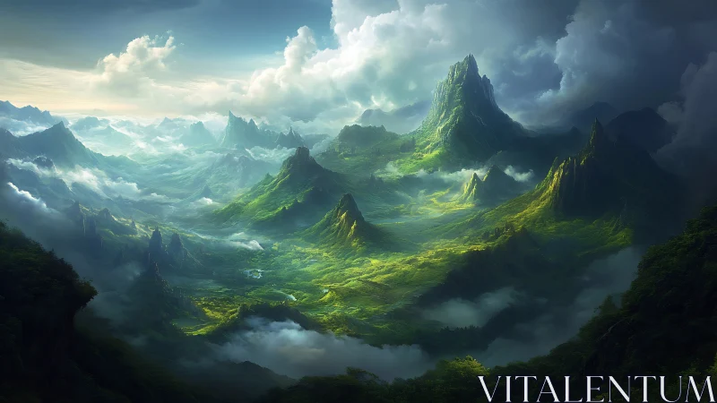 Digital landscape renders layered green mountains in clouds