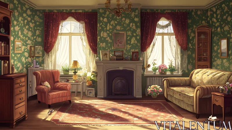 Sunlit vintage living room filled with cozy floral charm.