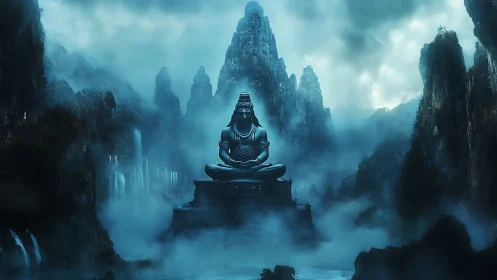 Mystic mountain deity statue in misty blue canyonscape.