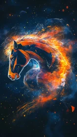 Fiery cosmic horse profile arcs through deep nebula sky.