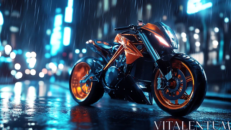 Motorcycle stands on wet urban street under night rainfall