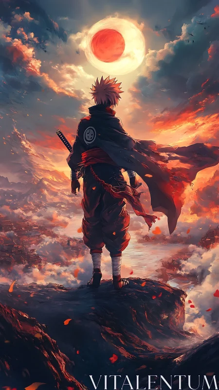 Lone anime warrior quietly greets a burning sky of destiny