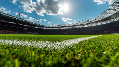 Soccer stadium interior with sunlit pitch and corner line.