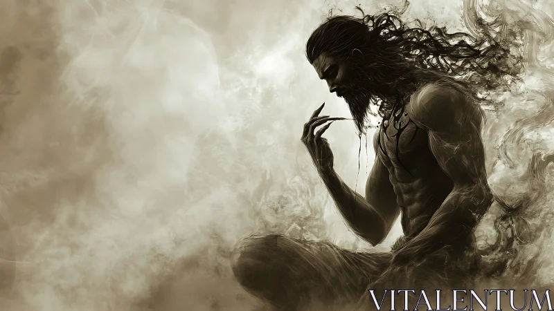 Monochrome digital painting of meditative warrior in smoke.