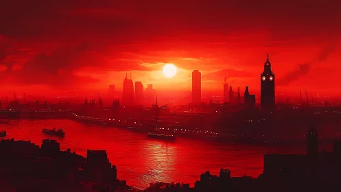 Crimson river sunset bathing a dreaming city skyline.