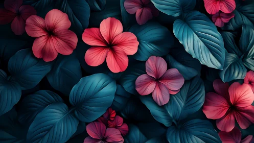 Coral Hibiscus Blooms Against Teal Foliage. Digital Botanical Render.