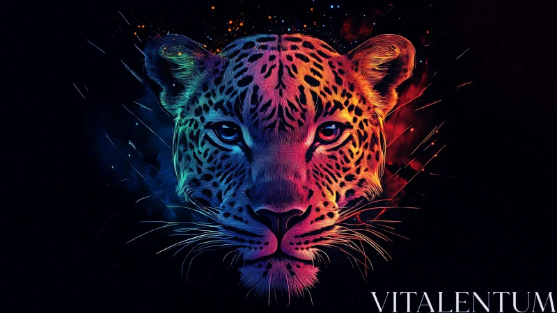 Neon glowing leopard head with bilateral color gradient lighting.