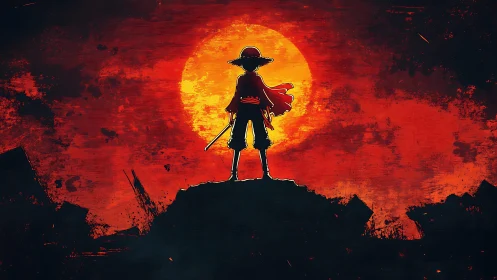 Straw-hatted silhouette crowns a burning pirate sunset sky.