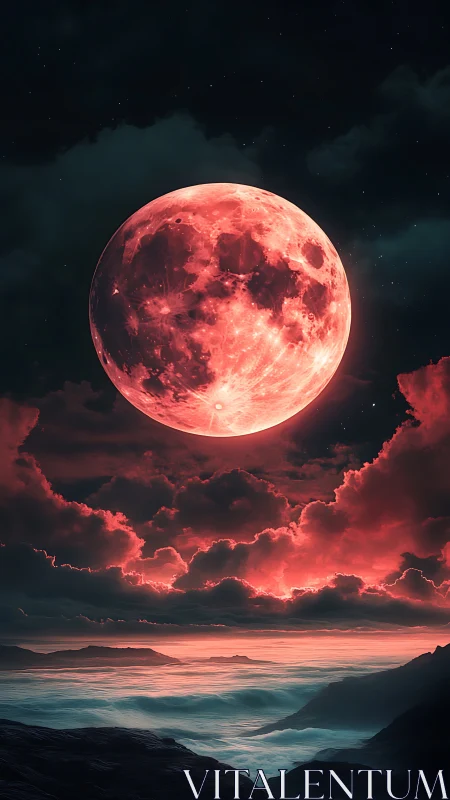 Digital painting of crimson moon above atmospheric seascape.