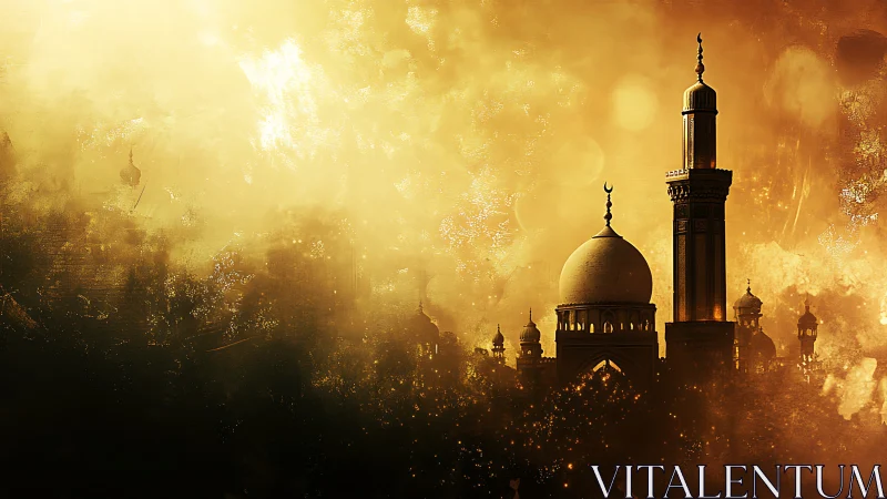 Golden dusk swallows a dreamlike mosque in shimmering haze