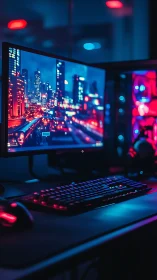 Cozy neon gaming desk glowing with city night lights.