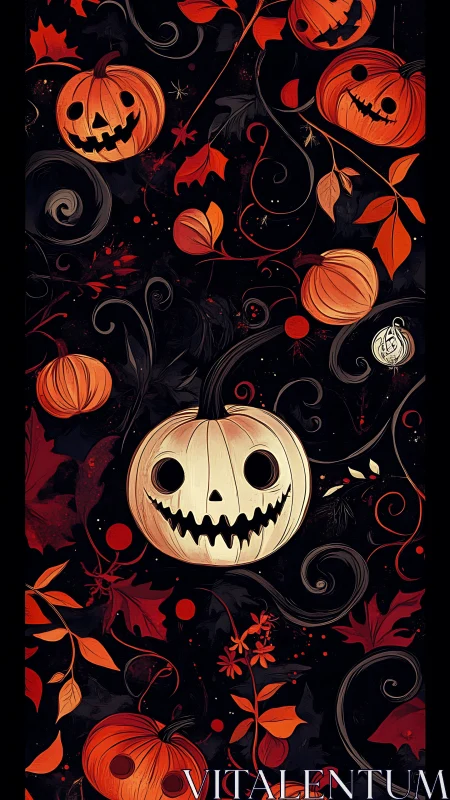 Smiling jack-o’-lanterns swirl amid dark autumn foliage