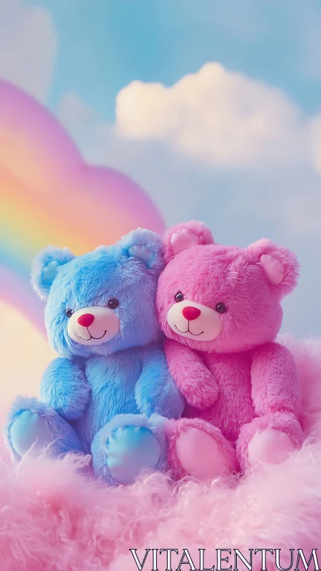 Candyfloss cloud bears bask beneath a pastel rainbow glow.