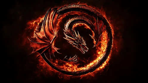 Coiled fire dragon forms blazing circular emblem in darkness
