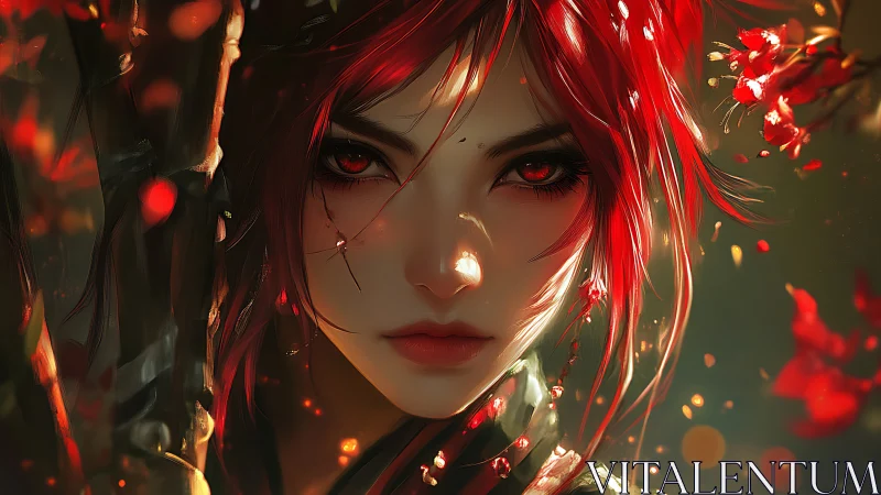 Red haired warrior portrait amid glowing petals storm.