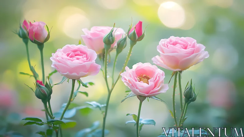 Pink Garden Roses with Buds Against Soft Bokeh Background.