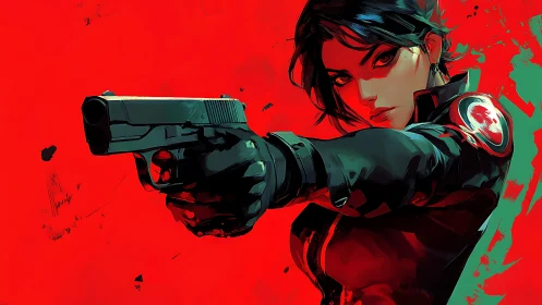 Armed character in black tactical suit on red abstract field.