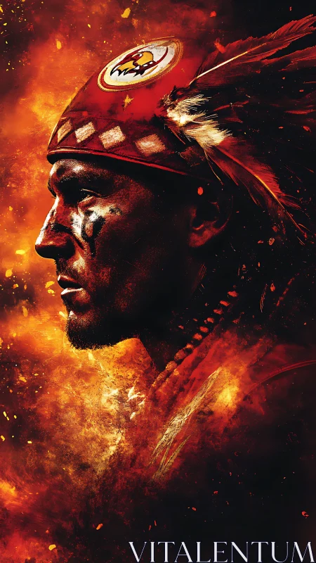 Warrior profile burns against vivid orange ember storm