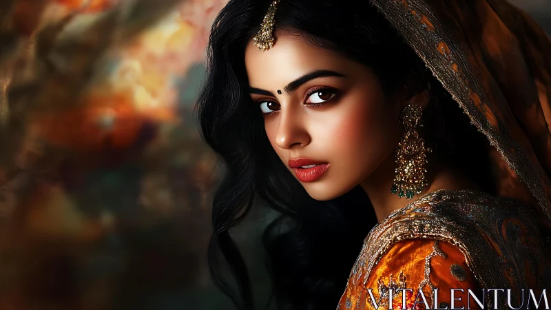 Portrait of woman in ornate traditional attire, side view.