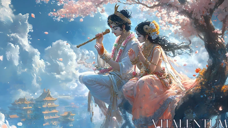 Sky-borne lovers share flute-sung dreams in blossom clouds