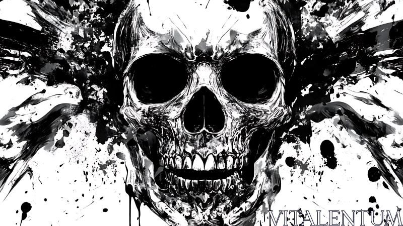 Monochrome ink skull rendered with dynamic splatter abstraction