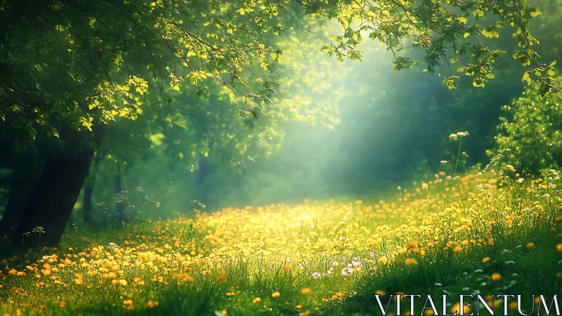 Sunlit Meadow Path with Wildflowers in Dreamy Nature Style.